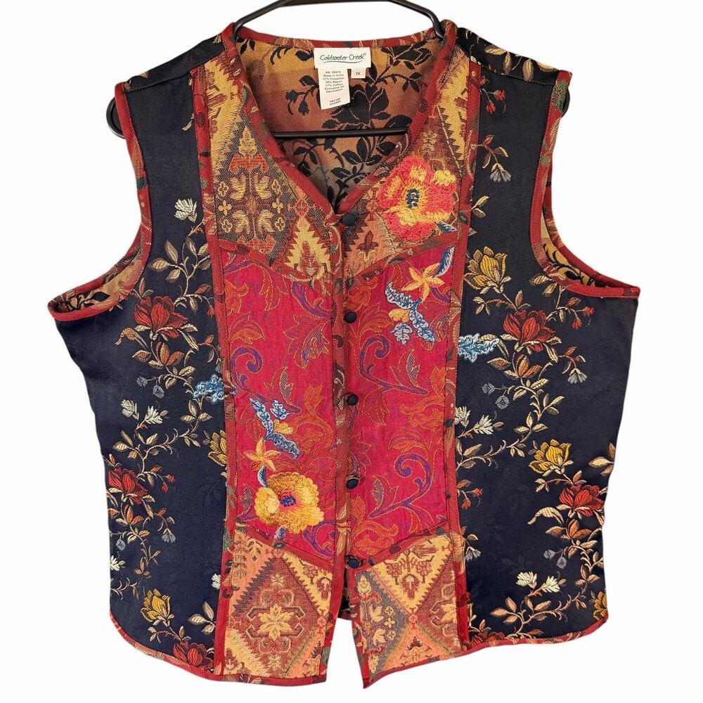 Vtg Coldwater Creek Vest 1X Floral Patchwork Tapestry Boho Artsy Cottage Prairie